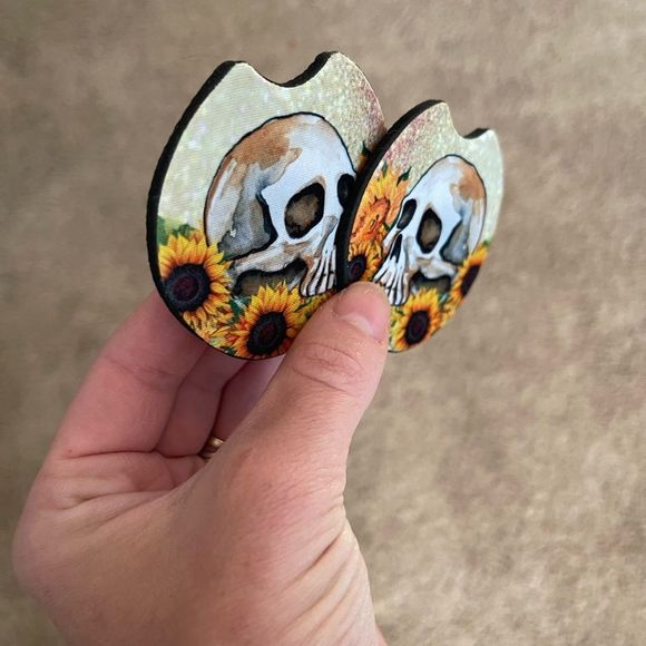 Sunflower Skull Car Coaster 2 Pack - Picture 4 of 12